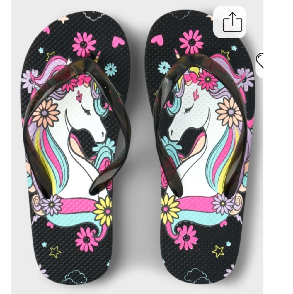 NWT TCP Unicorn Print Kids Flip Flops - Black and Pink